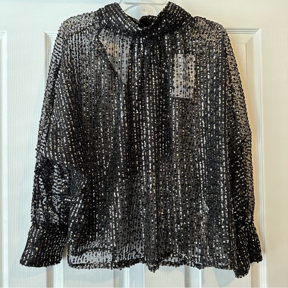 New Zara $69 Tied Collar Gold Sequin Semi Sheer Blouse 9127/572 Small - Picture 5 of 14